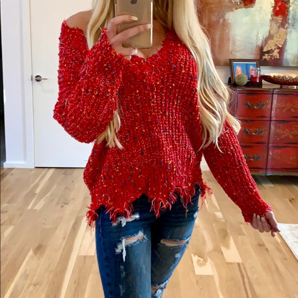 Red V-Neck Distressed Sweater - Picture 7 of 7